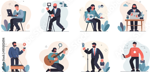 Eight scenes of people engaged in various professional and artistic activities