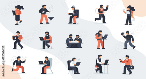 Diverse pixelated figures engaged in various business activities