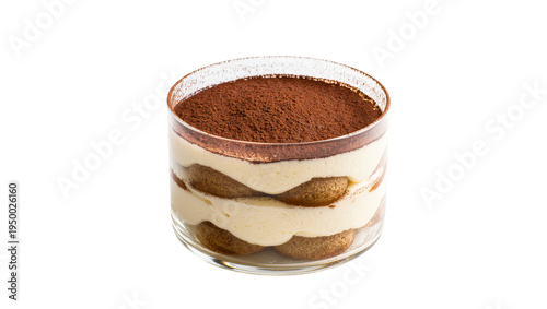 Konstfotografi Isolated classic Italian tiramisu dessert in a clear glass cup, layered with cre