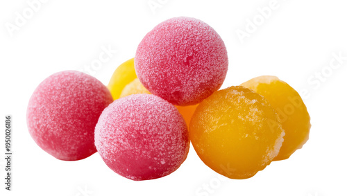 Isolated assorted sweet sugar-coated fruit flavor candies in vibrant pink and yellow colors