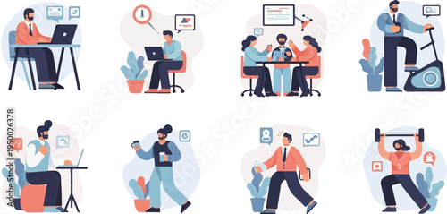 Eight diverse scenes of people working, exercising, and socializing in modern settings