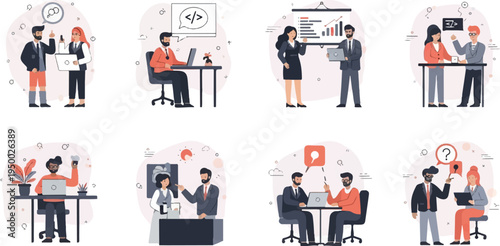 Diverse professionals collaborate and discuss ideas in various business settings