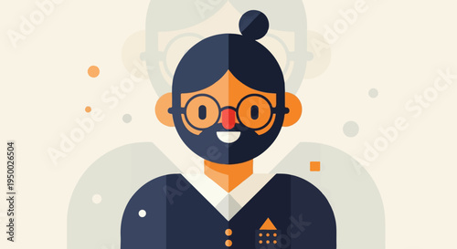 Flat illustration of a friendly man with a beard, bun, and glasses