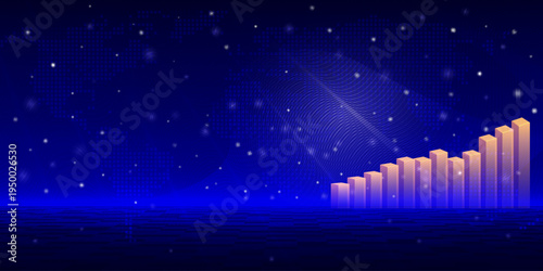 AI Technology background,Tech rays gradient on world map,gold stock bar chart in futuristic space sky.Vector abstract digital light wave line,rising stars for business design futuristic poster header 