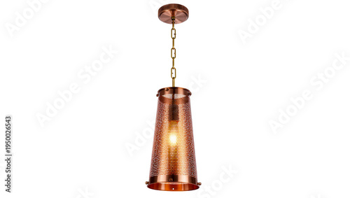 Fotografi Isolated elegant copper perforated metal pendant light fixture with a glowing bu
