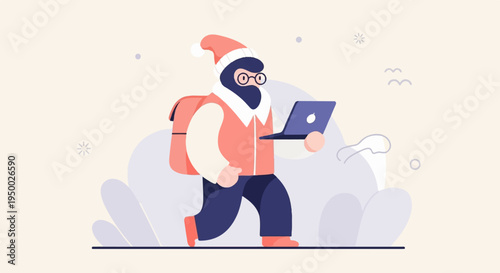 Festive cartoon character in winter attire walks with a laptop
