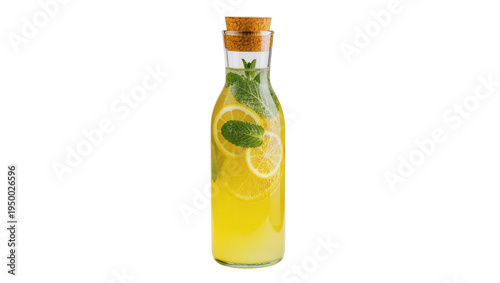 Isolated glass bottle of fresh, natural lemonade with lemon and mint leaves, cork stopper.