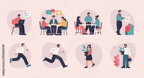 Diverse professionals collaborating, presenting, and working in various settings