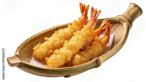 Isolated crispy golden fried shrimp tempura in a traditional bamboo serving dish