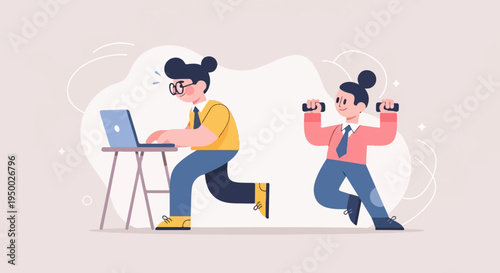 Figures in work attire engage in desk work and fitness activities