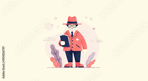 Flat illustration of a man in a hat and suit, holding a clipboard