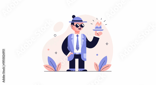 Flat illustration of a man in a suit holding a hat on a platter