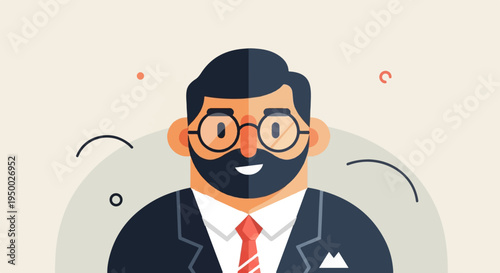 Flat illustration of a man in a suit and tie with glasses and beard