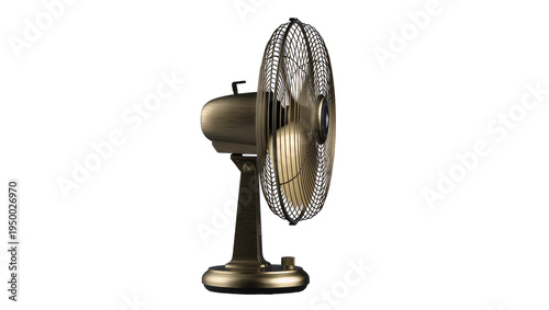 Isolated classic vintage-style electric table fan with bronze metallic finish for comfort