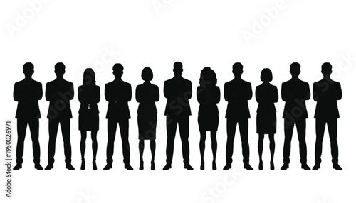 Silhouettes of eleven diverse business professionals stand side by side with arms crossed on a white.