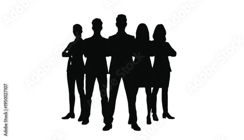 A silhouette of five business associates, two women and three men, stand tightly grouped with arms crossed.
