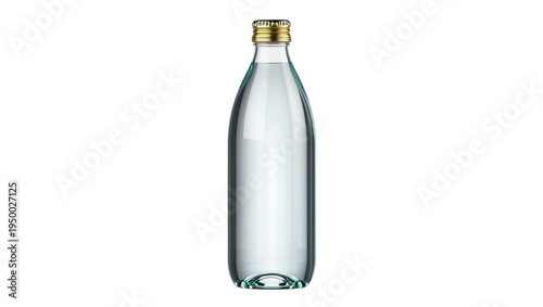 Isolated clear glass bottle of refreshing natural mineral water with golden screw cap
