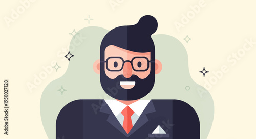 Flat illustration of a man in a suit with a beard and glasses