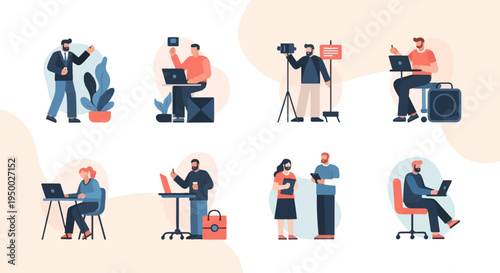 Diverse professionals engage in various digital tasks and creative endeavors