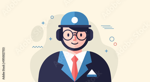 Flat illustration of a man in a suit with a helmet and headphones