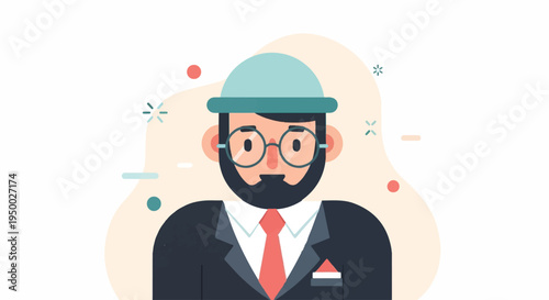Flat illustration of a man in a suit with glasses and a beanie