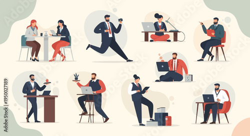 Diverse professionals engage in various office tasks and activities