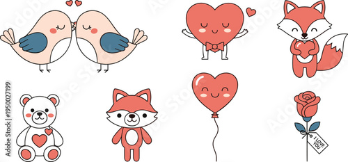 Adorable Valentine’s Day Character Set with Fox, Bear, Birds, Heart Balloons, and Roses, Perfect for Love-Themed Designs and Gift Products