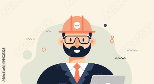 Flat cartoon illustration of a bearded engineer wearing a hard hat and glasses