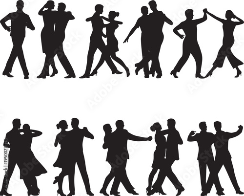 Collection of dancing couples silhouettes performing various ballroom and social dance steps together
