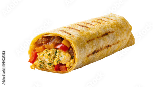 Принти на полотні Isolated breakfast burrito with grilled tortilla, eggs, peppers, and savory filling