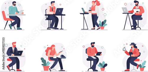 Diverse people working remotely or in offices on laptops and tablets