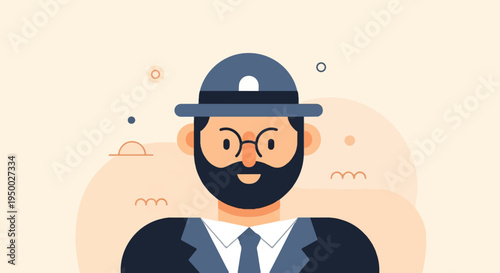 Flat illustration of a man with a beard, glasses, and hat