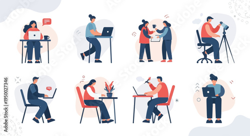 Diverse people working remotely or studying with laptops and unique office setups