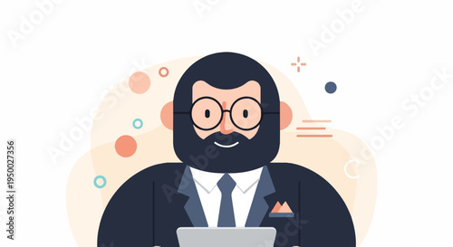 Flat illustration of a man with a beard and glasses, wearing a suit, using a laptop
