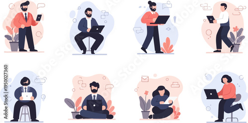 Diverse people working remotely with laptops and tablets in a stylized setting