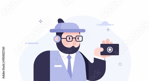 Flat illustration of a man with a beard, glasses, and hat taking a picture
