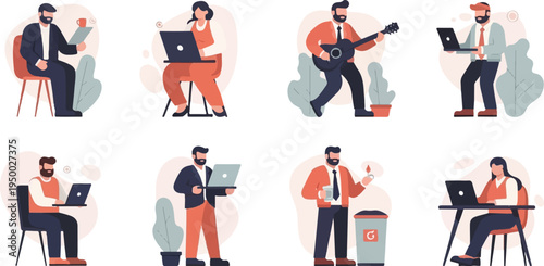 Flat cartoon illustrations of people working and relaxing indoors