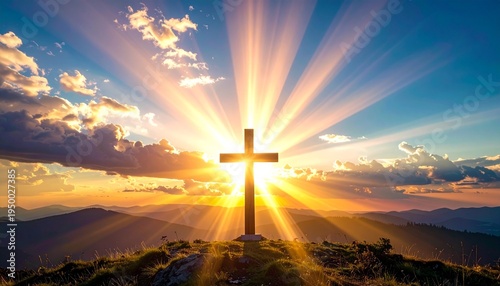 Wooden Cross on a Hill at Sunset with Powerful Divine Light Rays, Symbolic Good Friday and Easter Resurrection Concept
