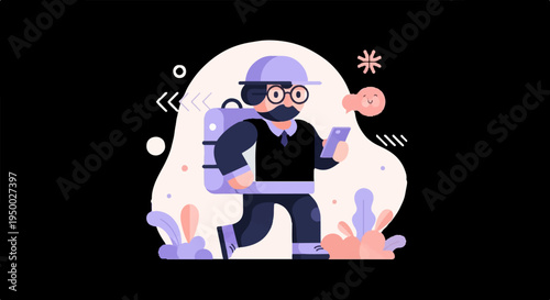 Flat cartoon man with backpack and phone walking amidst abstract shapes and plants
