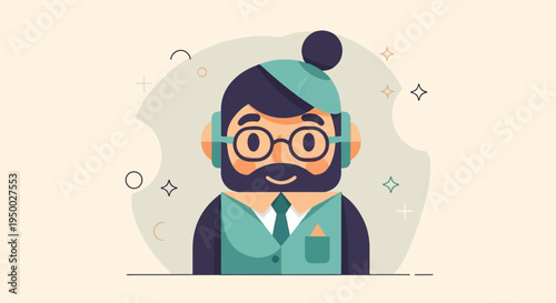 Flat illustration of a man with glasses, beard, and bun
