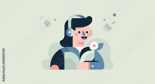 Flat cartoon person wearing headphones and holding a microphone