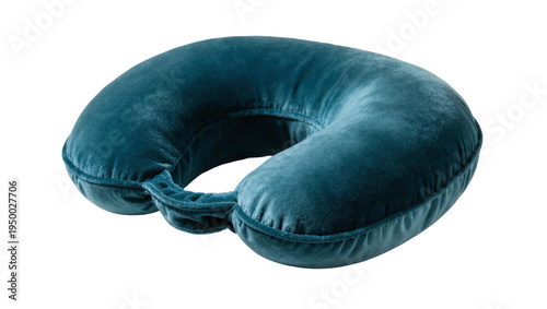 Isolated plush teal velvet travel neck pillow for comfort during long journeys.