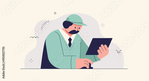 Flat illustration of a person in a cap, tie, and sweater using a tablet