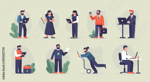 Flat design business people diverse roles and activities at work