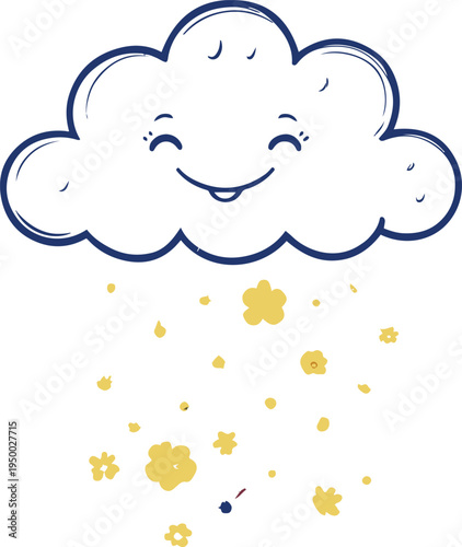  Bold line art illustration of a smiling cloud raining colorful flowers, whimsical nature concept, thick rounded vector strokes, minimal shapes, vibrant palette, isolated on white