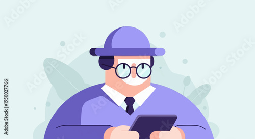 Flat illustration of a person in a hat and glasses using a device