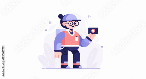Flat design character in cap and glasses holds camera, with abstract background