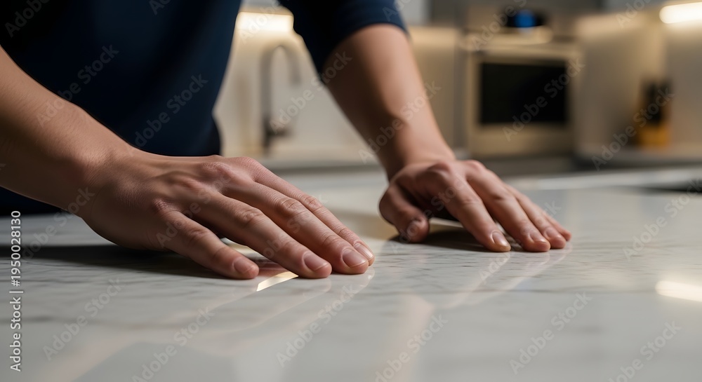 Obraz premium Close Up Home Inspection of Clean Kitchen Countertop Surface in Modern Apartment
