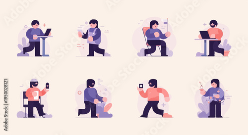 Flat characters engaged in various everyday activities, including using technology and hobbies