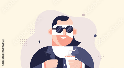 Flat illustration of a person in sunglasses holding a coffee